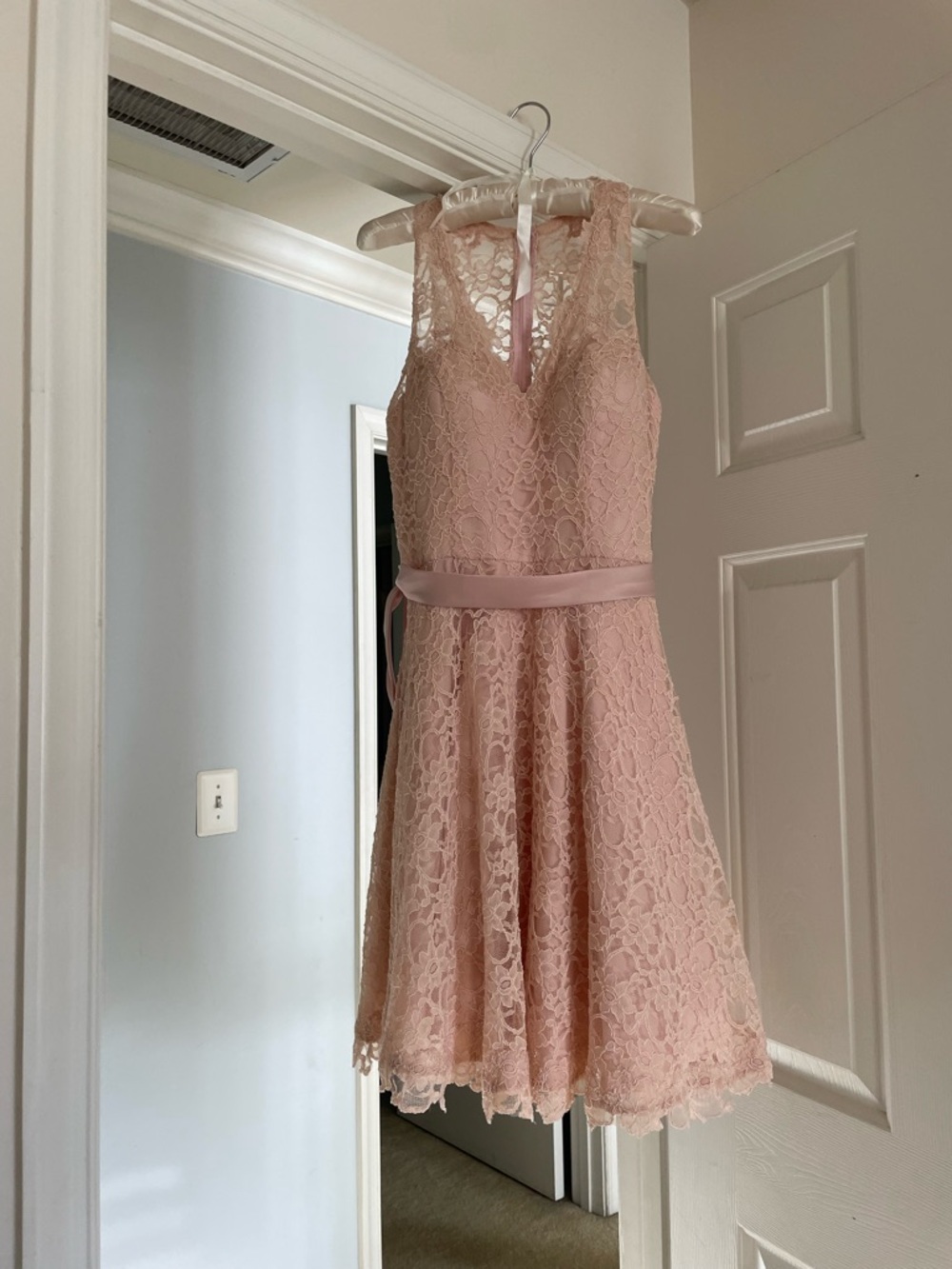 Sleeveless Lace Formal Dress in Blush Pink with Satin Waistband
